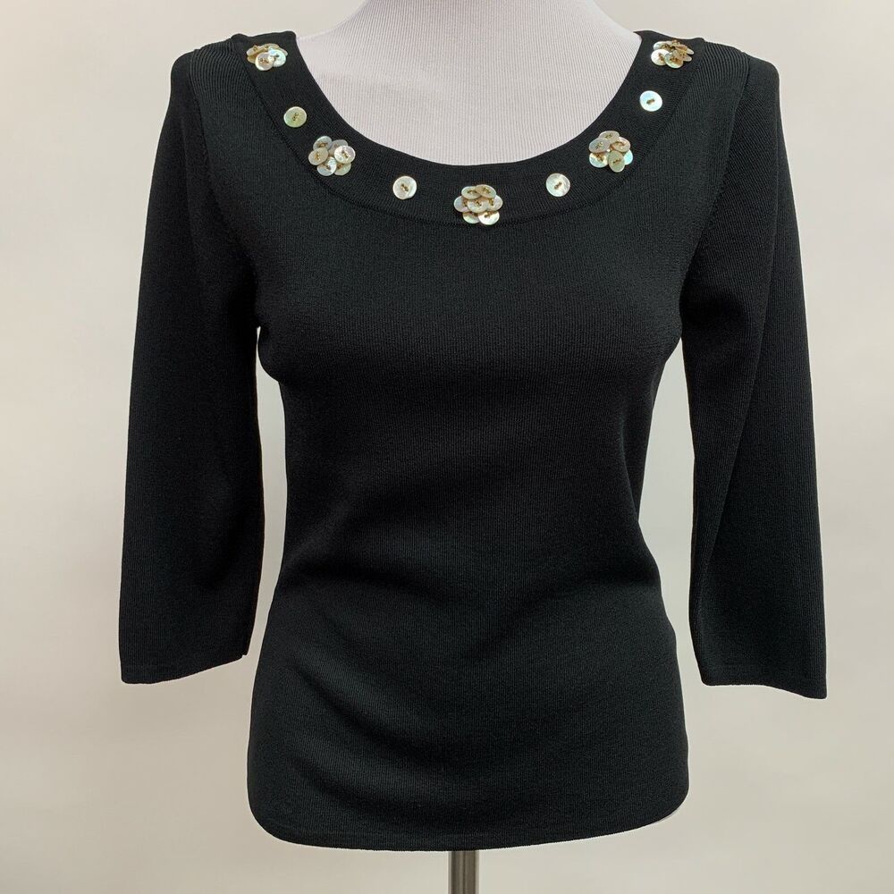 JAC Women's Knit Top Medium Black Buttons 3/4‎ Sleeves Round Neckline